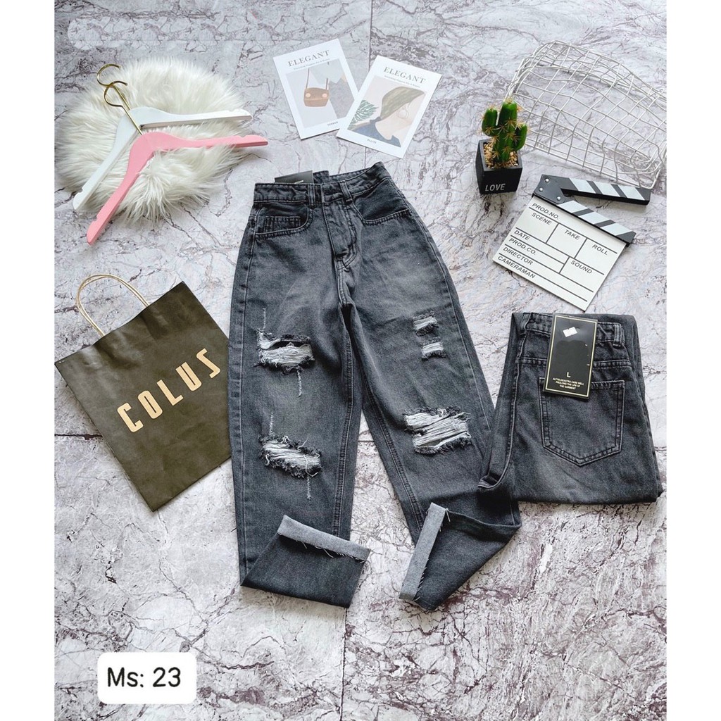 [ HỨC HỨC DM23 ] QUẦN BAGGY JEAN NỮ LƯNG CAO RÁCH TE TUA PHÍA TRƯỚC MÀU XÁM CAO CẤP UTI ĐỦ SIZE S, M, L FORM CHUẨN