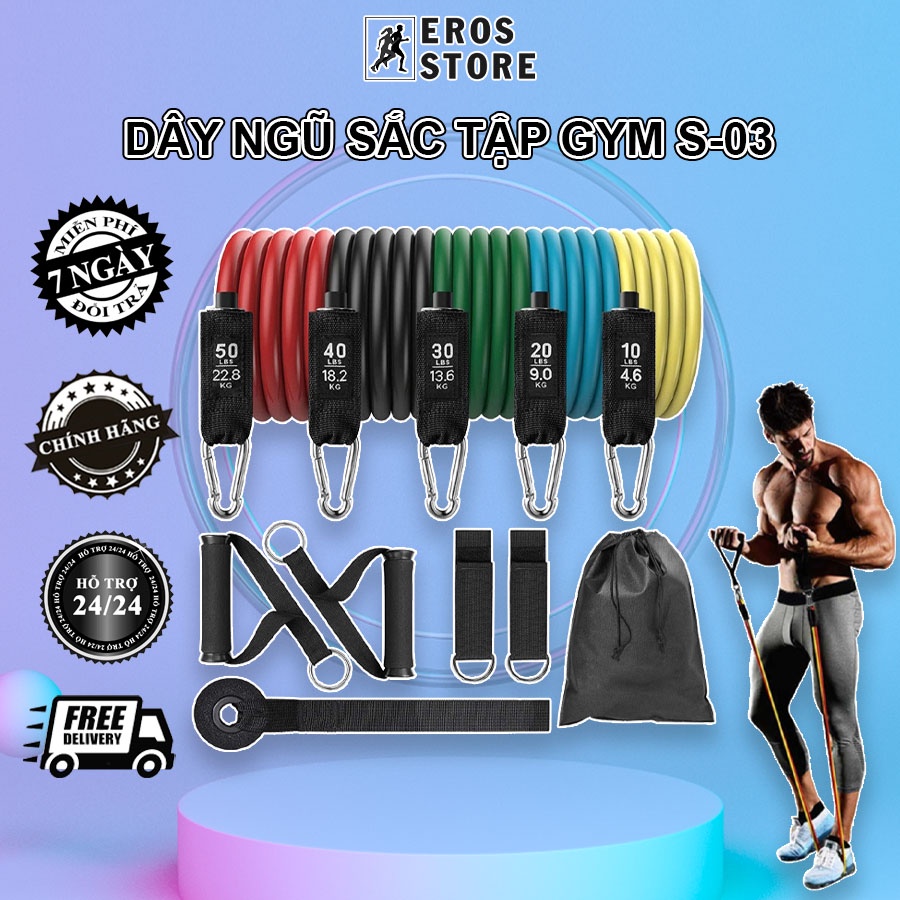 Dây kháng lực tập gym, Dây ngũ sắc tập gym thể hình đa năng tại nhà chất liệu cao su siêu bền Chính Hãng Eros Store