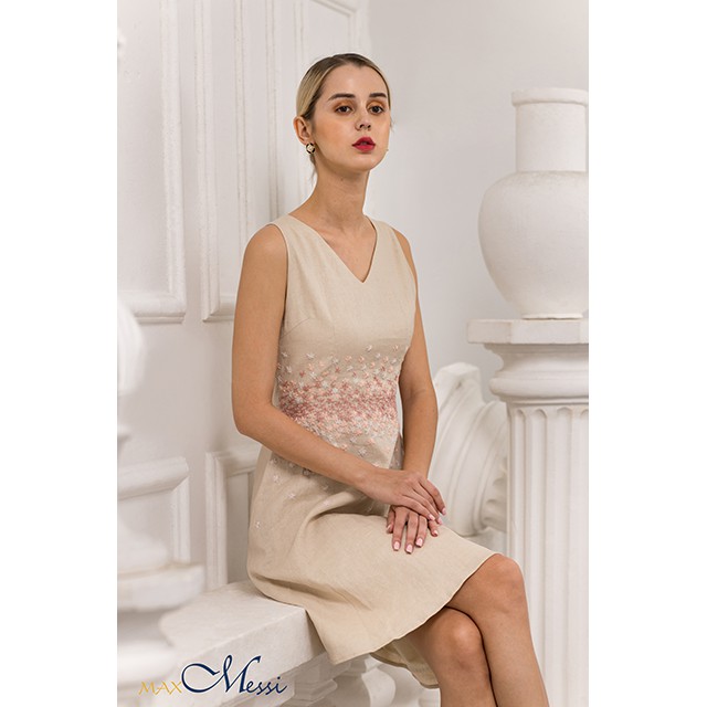 MaxMessi - Đầm sát nách nữ Linen Tưng Premium SWALLOW dáng chữ A chiết eo thêu hoa thủ công