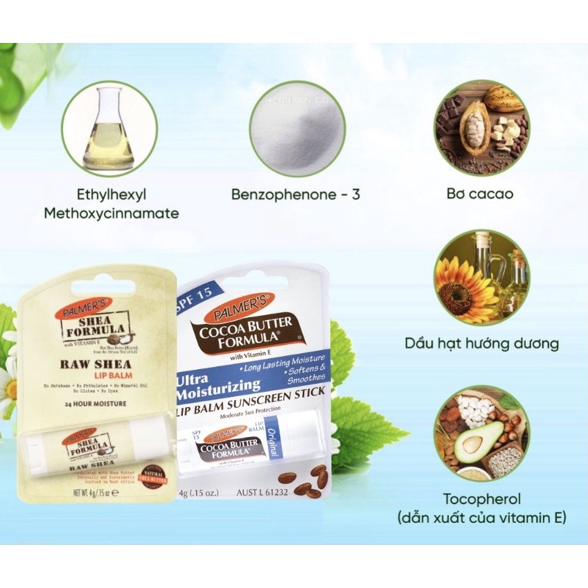 Son dưỡng môi bơ hạt mỡ Palmer's Shea Formula With Vitamin E Raw Shea Lip Balm 4g - ngăn ngừa thâm, giảm khô, nứt môi