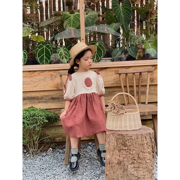 Đầm cho bé gái 1 đến 5 tuổi MICK AND MILK, Váy trẻ em màu nâu vintage chất xô muslin mềm mại thu đông