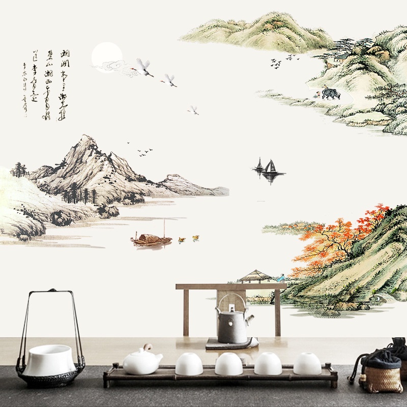 Tranh kép dán tường Sơn Thủy hữu tình, Decal phong cảnh trang trí KT 190x140cm