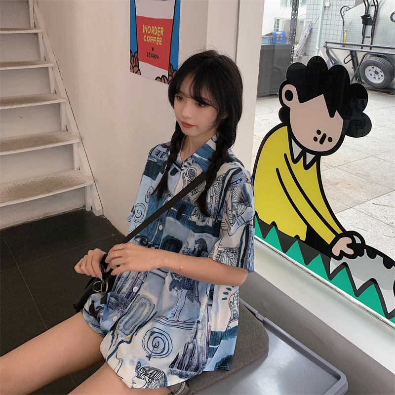 Áo sơ mi SUXI tay ngắn dáng rộng in họa tiết phong cách cổ điển cho nữ