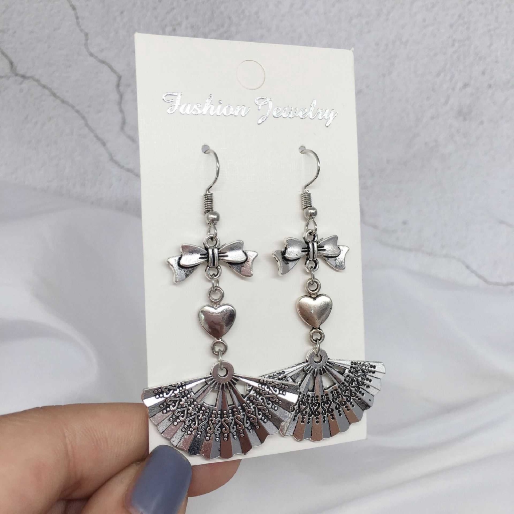 Khuyên tai hình trái tim nơ và quạt nhỏ xinh xắn thời trang Nhật Hàn 2267