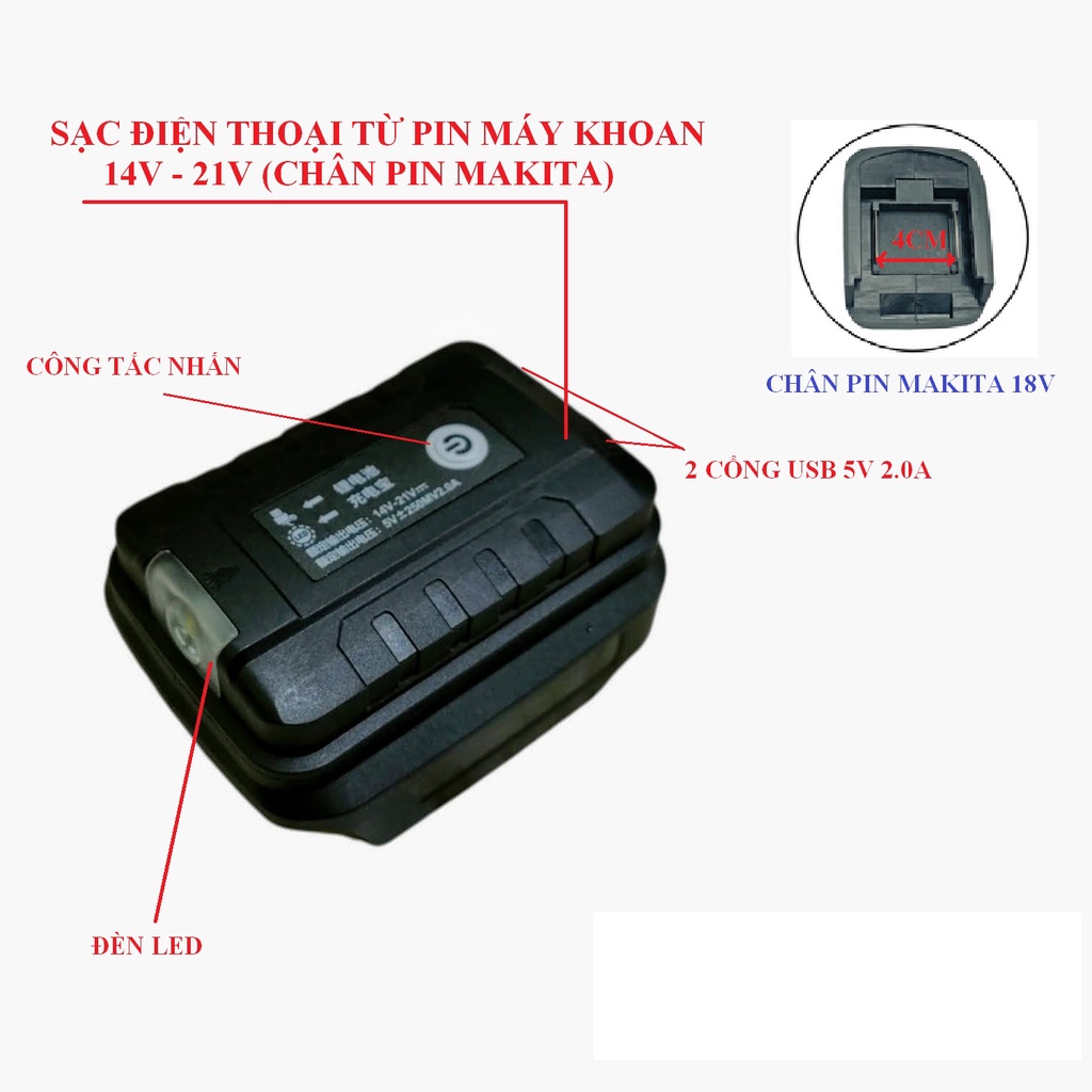 SV Sạc điện thoại từ pin máy khoan 14V-21V