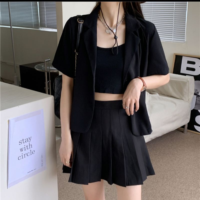 Áo blazer ngắn tay trơn basic ảnh thật