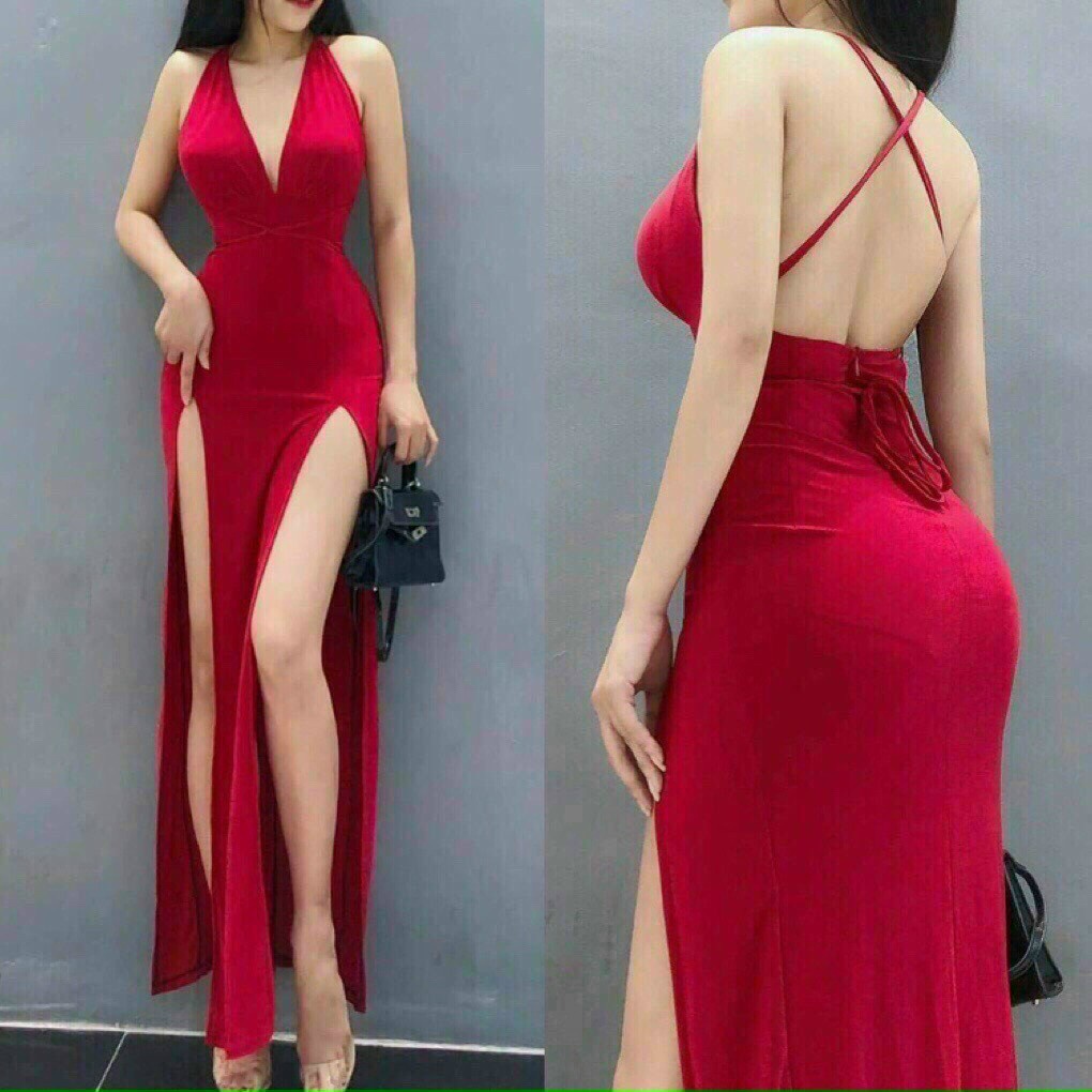 Đầm body cổ tim xẻ đùi sexy đan chéo lưng