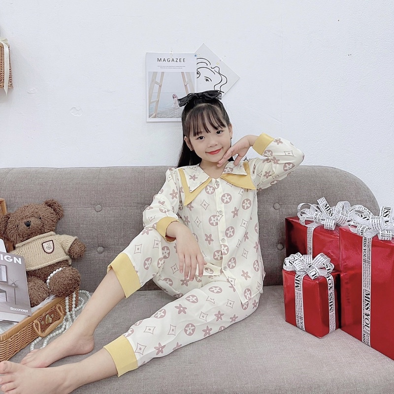 Pijama lụa cao cấp từ 20-35kg❤️ Bộ quần áo bé gái chất lụa Mango cao cấp thiết kế cổ nhọn 2 lớp siêu xinh