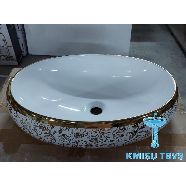 Chậu Lavabo, chậu rửa mặt đặt bàn đá, chậu labo treo tường bầu dục hoa văn vàng - KMISU thiết bị vệ sinh