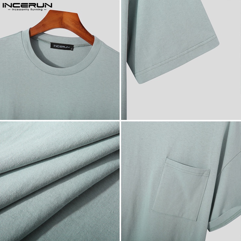INCERUN Áo Thun Nam Ngắn Tay Cổ Tròn Màu Sắc Đơn Giản Size S-5XL