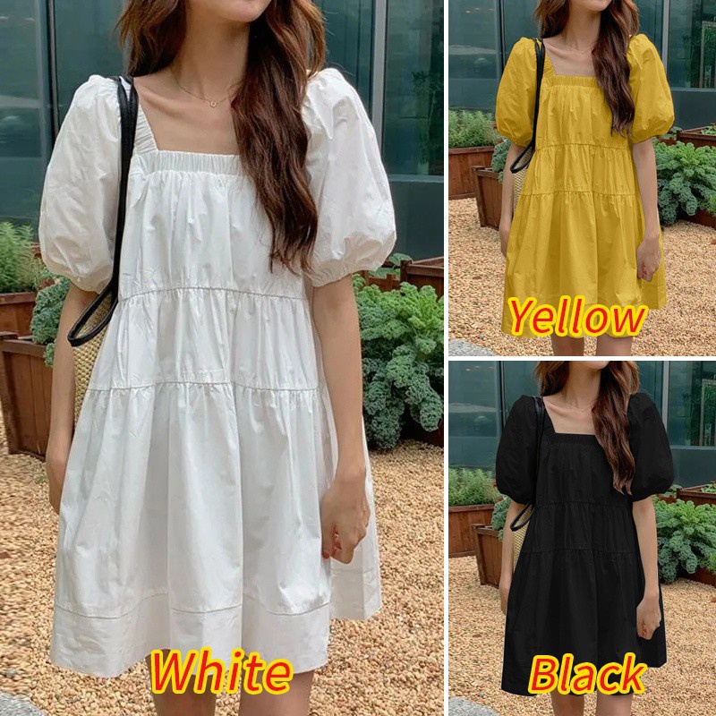 Đầm mini ZANZEA màu trơn thời trang nữ cổ vuông thiết kế tay phồng