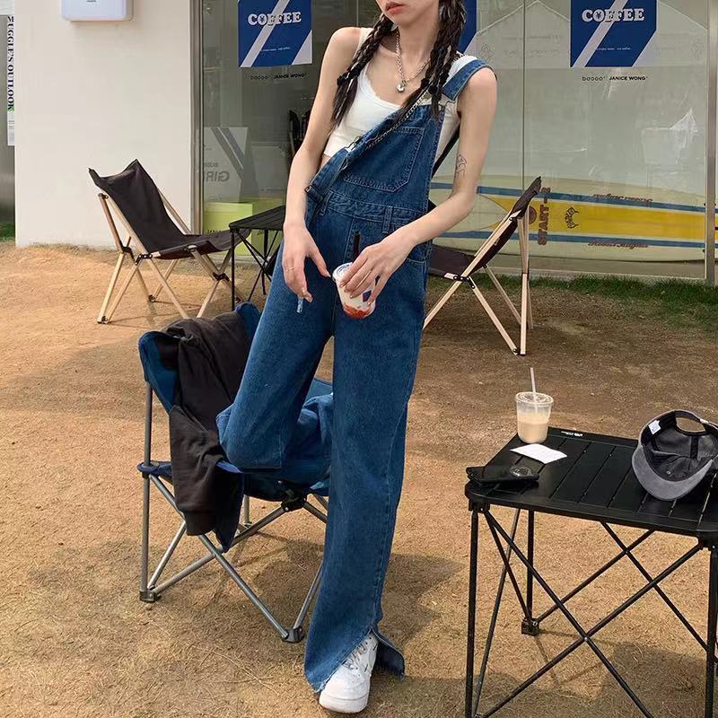 Áo liền quần denim Ống Rộng Xẻ Tà Lưng Cao Thời Trang Hàn Quốc Cá Tính