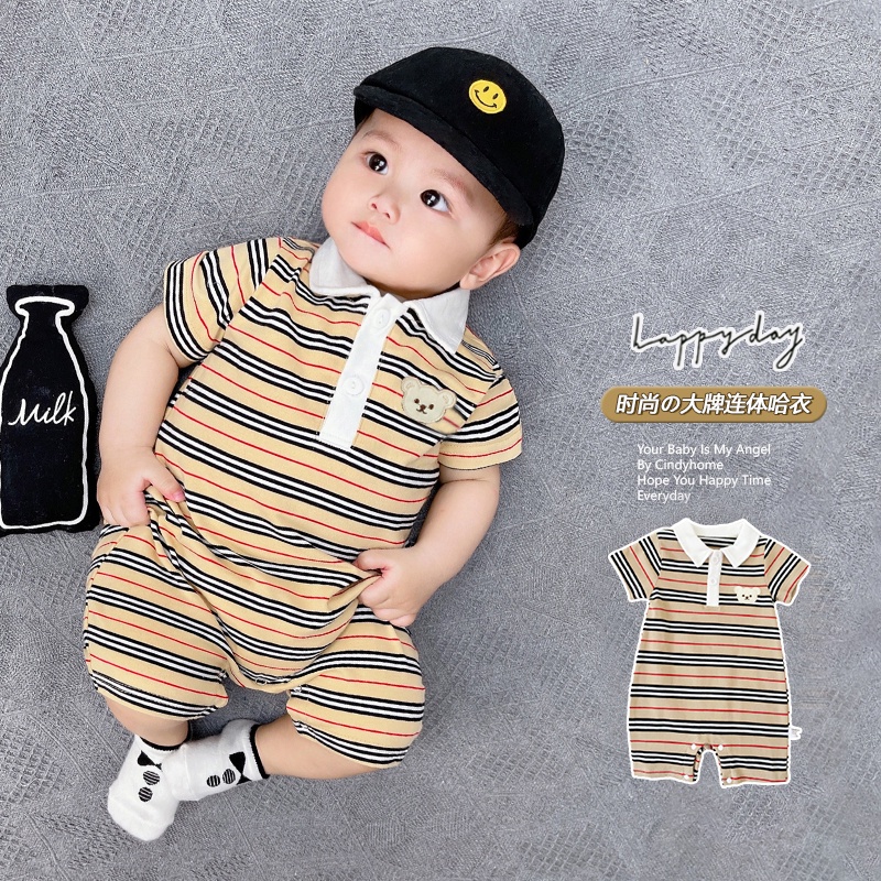 Bộ áo liền quần vải cotton họa tiết kẻ sọc thời trang mùa hè xinh xắn cho bé trai