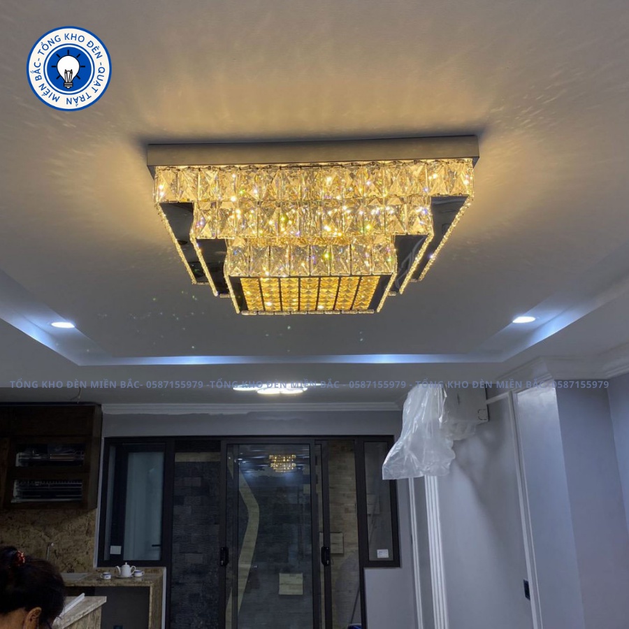Đèn Ốp Trần-Đèn Mâm Pha Lê Vuông Cao Cấp-Đèn Trang Trí Phòng Khách-Tặng Kèm Điều Khiển Từ Xa