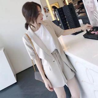 Set Áo Thun Ngắn Tay + Áo Khoác Blazer + Quần Short Lưng Cao Ống Rộng Trẻ Trung Cho Nữ