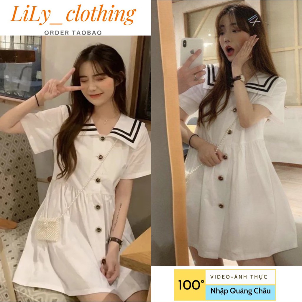 Váy nữ đẹp thủy thủ dáng rộng, phong cách ulzzang Taobao màu trắng