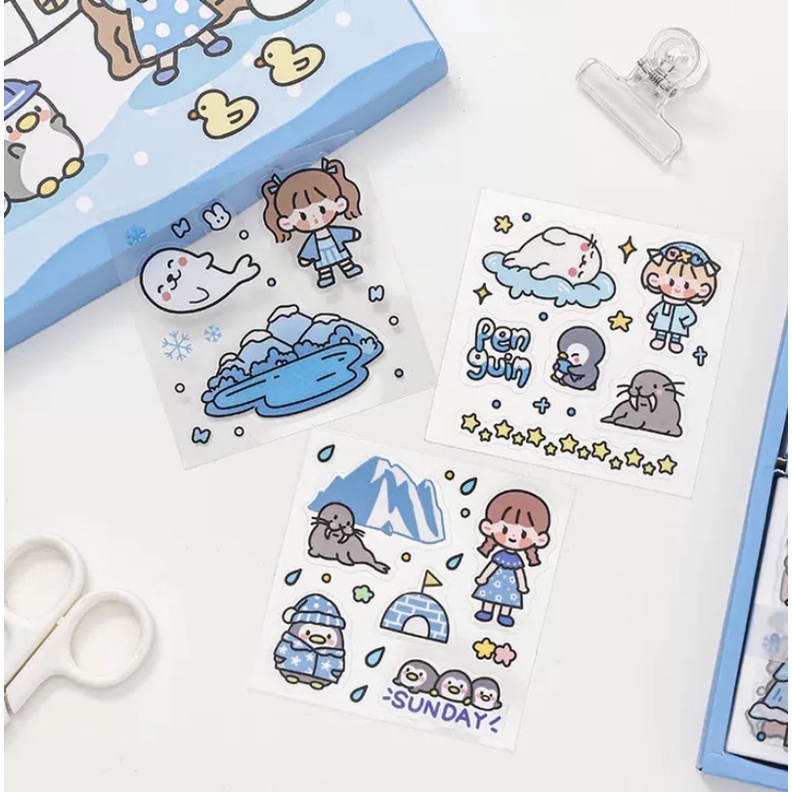 Sticker hộp 100 tấm cute Polar World  - Tặng Hình Xăm Dán