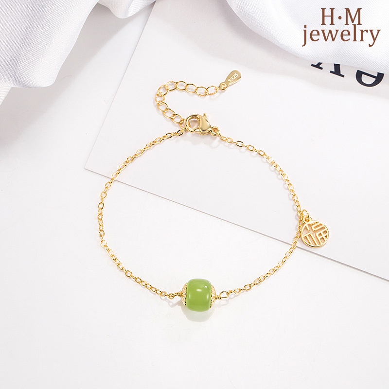 Vòng Tay Đá Ngọc Bích Mạ Vàng Kiểu Vintage Thời Trang