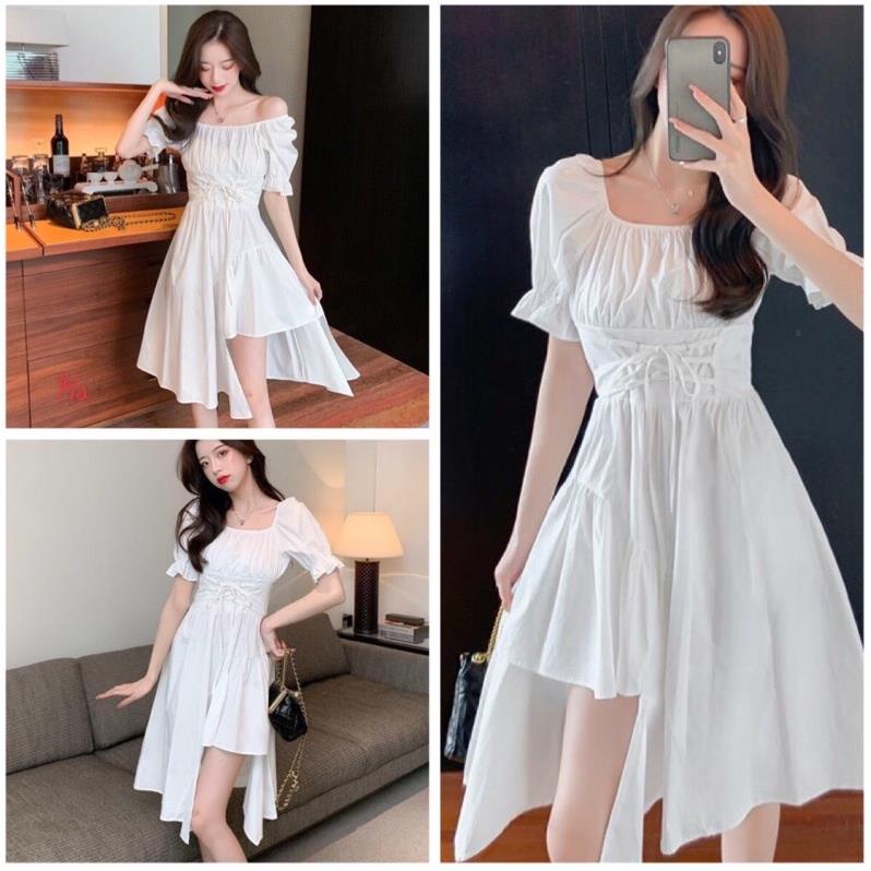 [NEW] Váy Suông Cổ Vuông Lệch Tầng Dáng Dài Ulzzang Váy Nữ Ngắn Tay Đan Dây Eo Mầu Trắng Tinh Khôi ( Hàng Sẵn)
