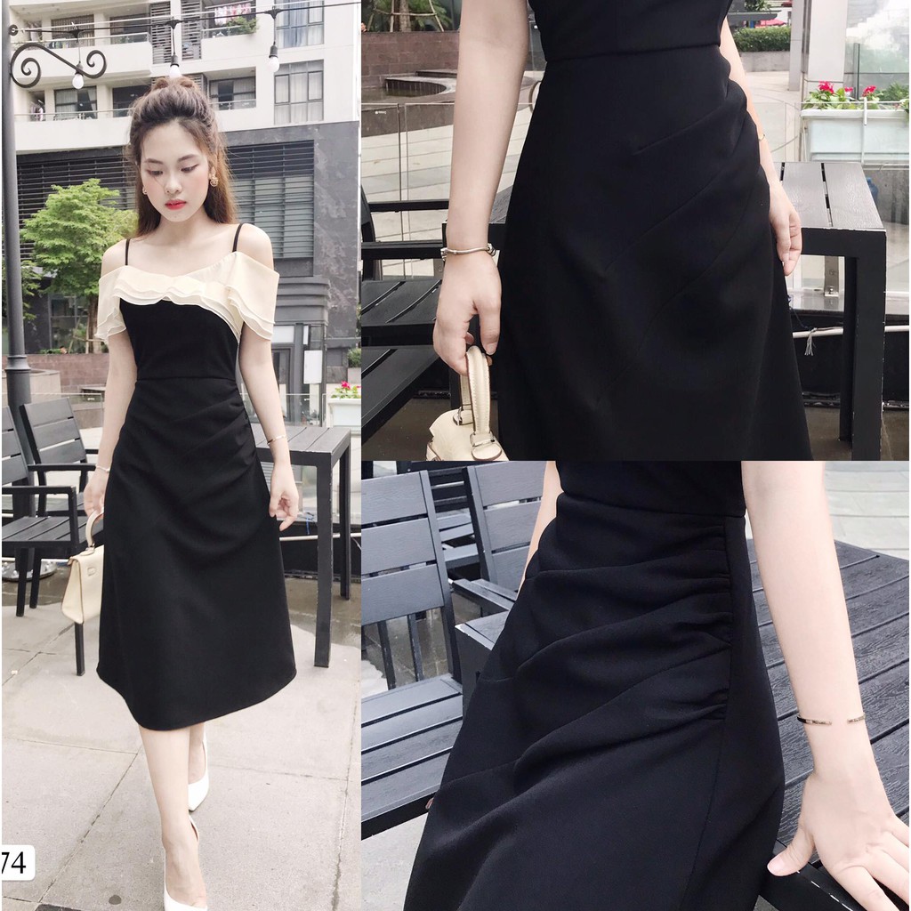 Váy đen trễ vai hai dây che bắp tay dấu bụng DVC - Maidieuhuyen V1574 MH | BigBuy360 - bigbuy360.vn