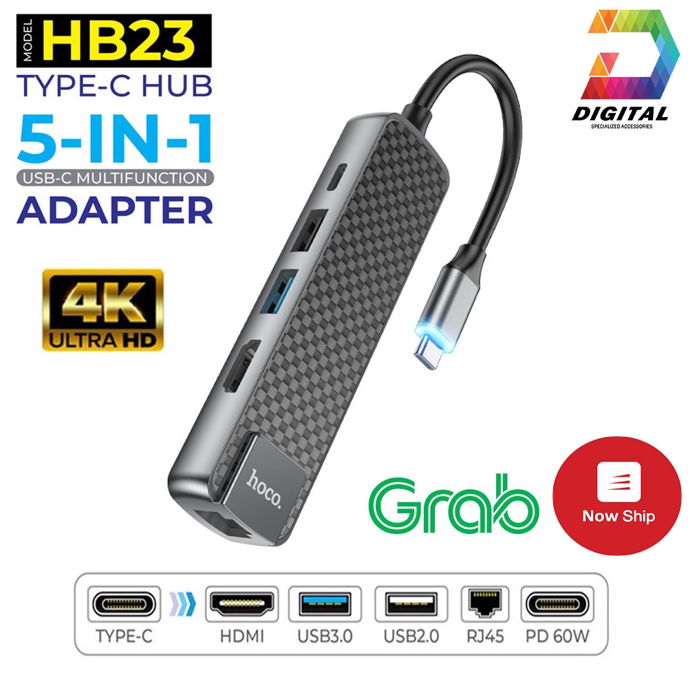 ♙Hub Hoco HB23 5 in 1 Chuyển Type C Ra USB 3.0 + HDMI RJ45 PD60W Chính Hãng ( Multimedia Adapter )