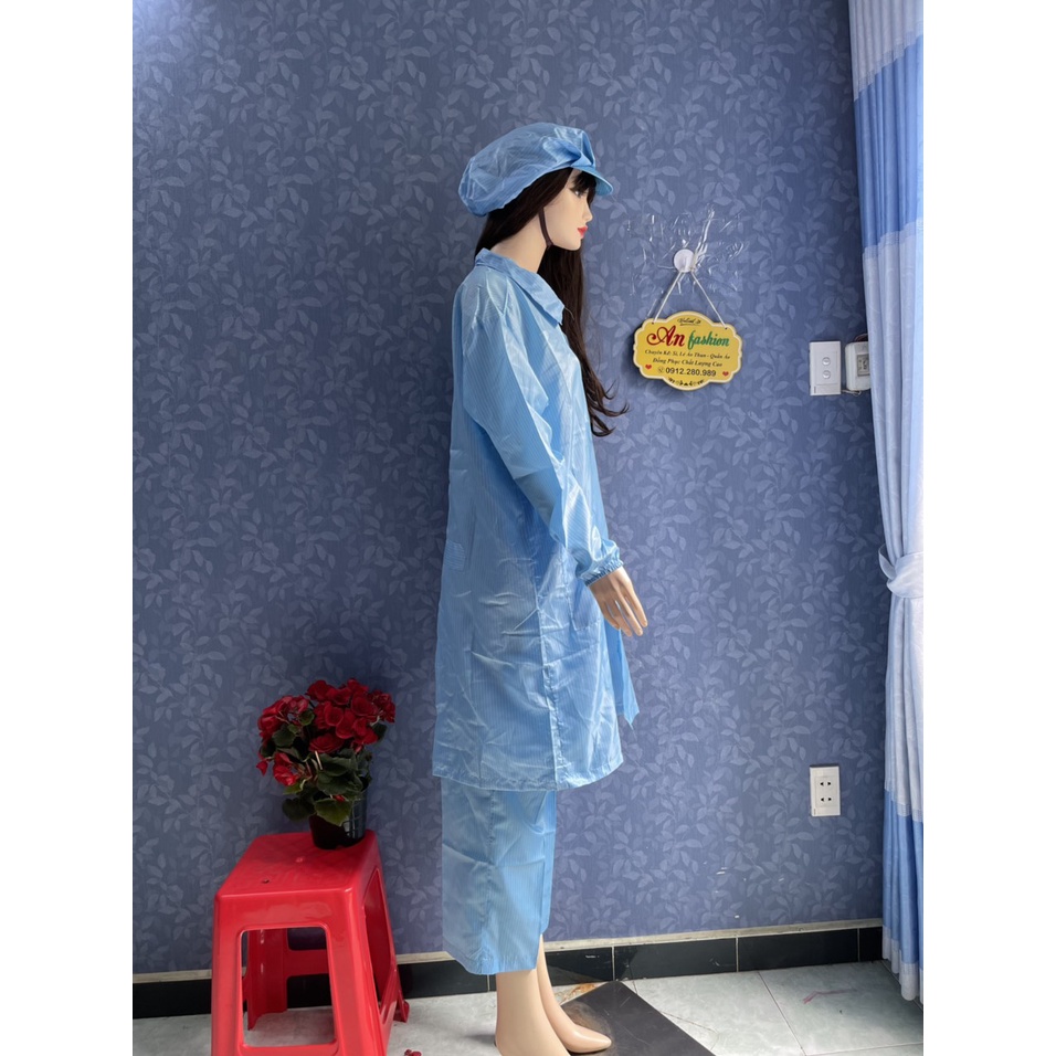 Áo blouse phòng sạch chống tĩnh điện kéo khóa cổ bẻ mặc phòng lab _ Hình chụp thật