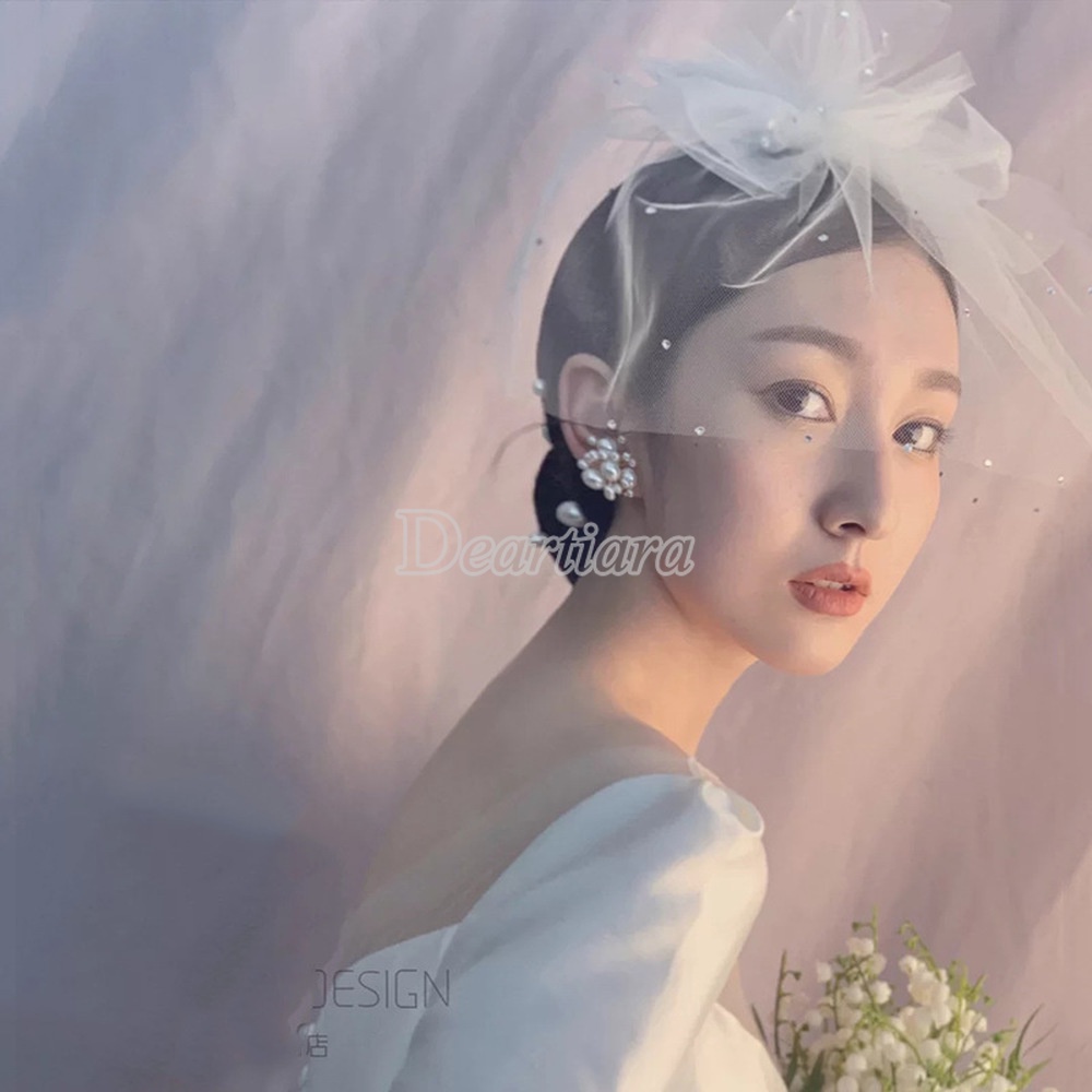 Phụ Kiện Trang Trí Tóc Cô Dâu Đính Nơ Màu Trắng Phong Cách Pháp Thời Trang