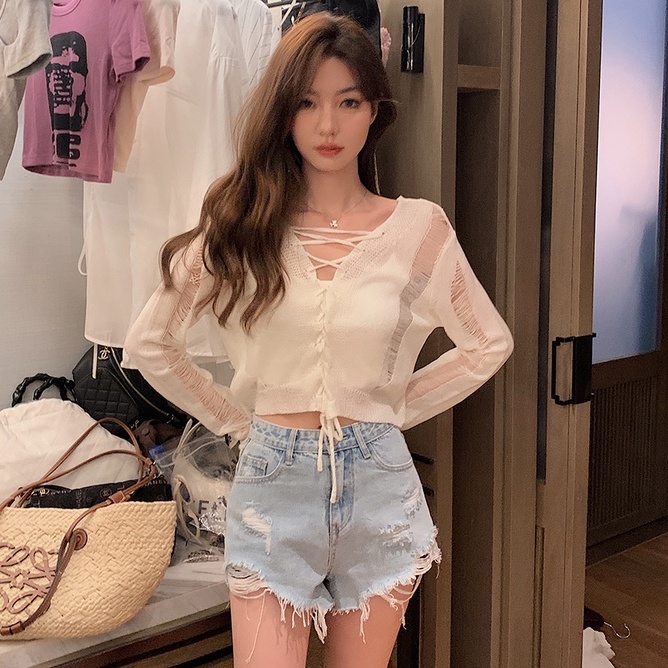 Áo cardigan dệt kim ZHELIHANGFEI tay dài eo cao cột dây trẻ trung thời trang