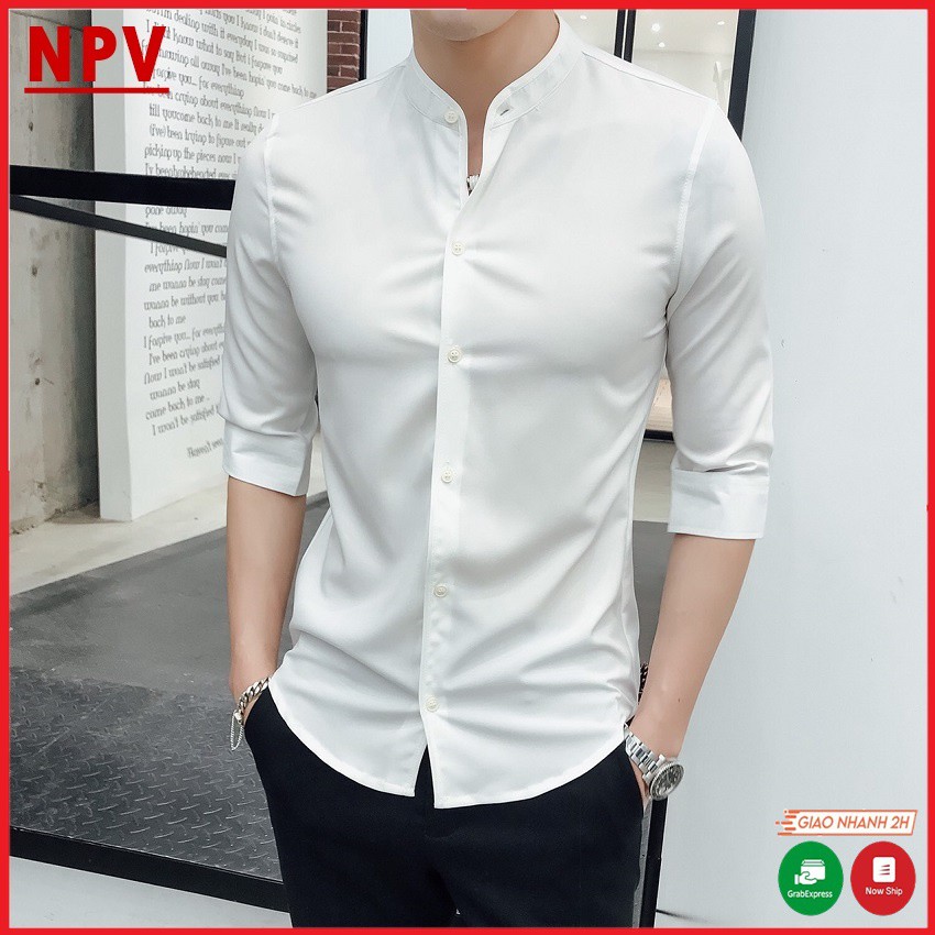 áo Sơ mi nam cổ tàu lụa dài tay NPV cao cấp, sơ mi nam dáng ôm body trẻ trung năng động | WebRaoVat - webraovat.net.vn