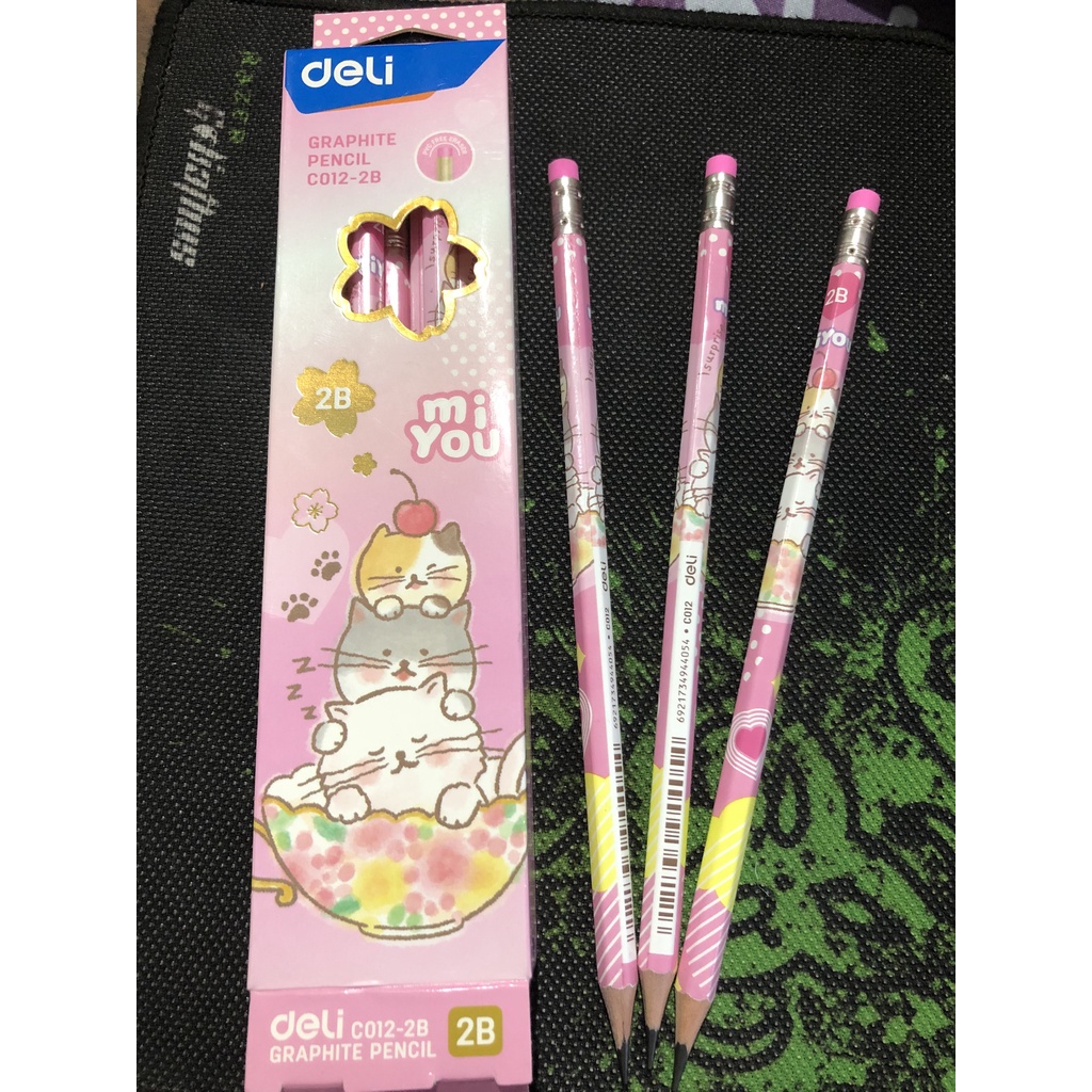 Hộp 12 Bút Chì Gỗ DELI 2B - HB Có Đầu Tẩy