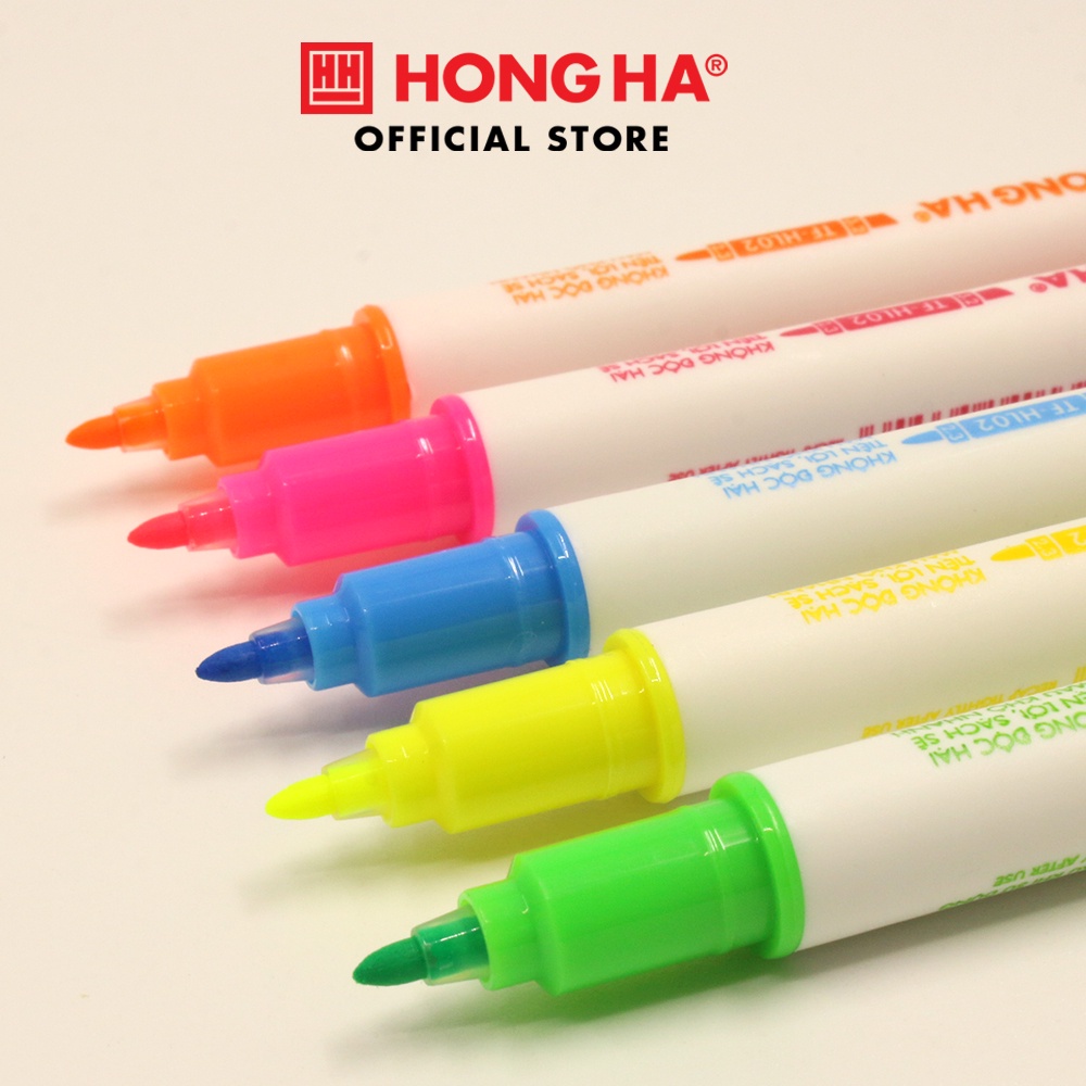 Bút highlight nhớ dòng 2 đầu Hồng Hà - 5 màu, tươi sáng - 6690,Đầu bút và ruột bút bằng Polyester, dạng vát xéo