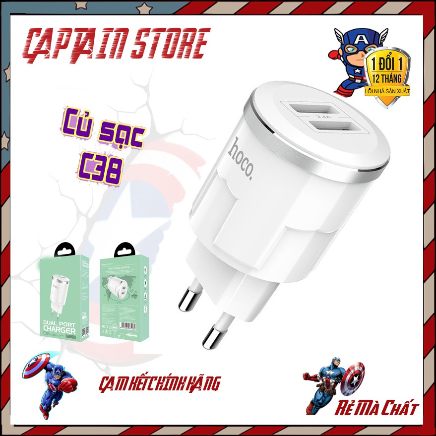 Củ sạc Hoco C38A sạc nhanh 2.4A 2 cổng siêu bền siêu chất - Captainstoree