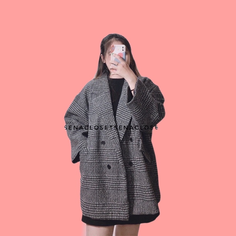 ÁO KHOÁC BLAZER FORM RỘNG KẺ DẠ 2 MÀU NÂU ĐEN(Ảnh thật)