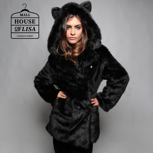 Women Animal Ear Large Size Hooded Hair for Winter Coat Artificial