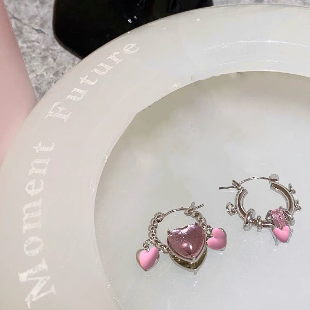 Khuyên Kẹp Vành Tai Hình Ngôi Sao Màu Hồng Đính Đá Phong Cách hip hop ins niche Đơn Giản