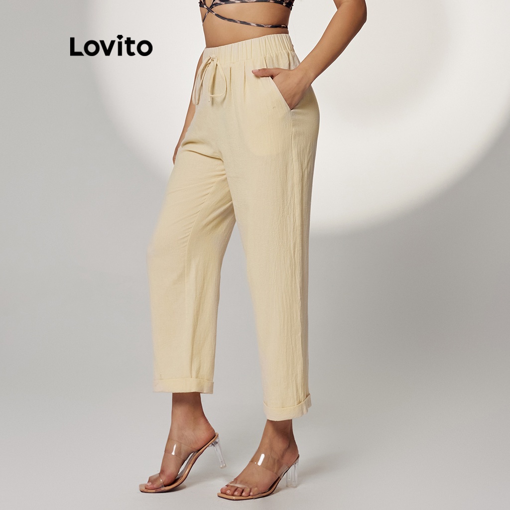Quần Lovito dáng rộng lưng thun cơ bản màu trơn đính nơ thường ngày L17D151 (Màu mơ)
