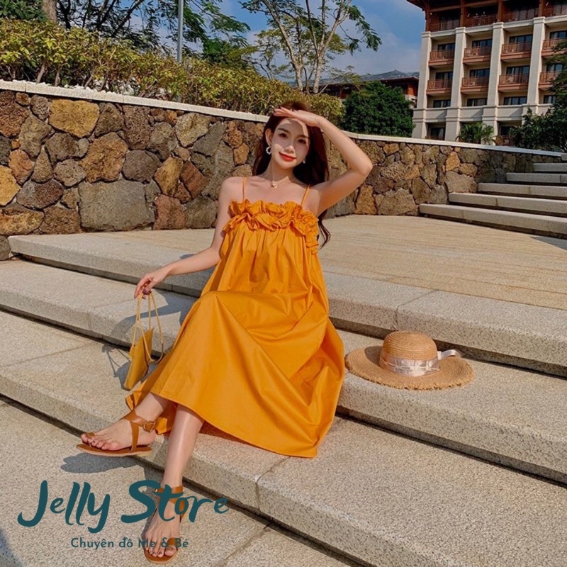 Set đồ đôi Mẹ và bé 2 dây cam cháy, chất cotton lụa xuông mượt tha thướt, kèm ảnh thật