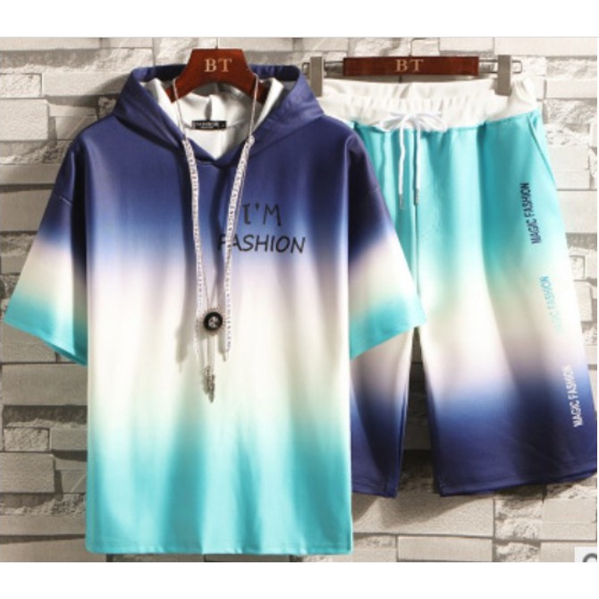 Thời trang mới Mens Áo trùm đầu thể thao Bộ đồ đẹp trai Dần dần đầy màu sắc Hip Hop ngắn tay áo thun | BigBuy360 - bigbuy360.vn
