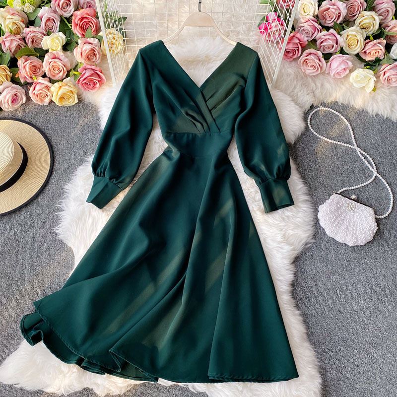 Đầm Dài Tay Cổ Chữ V Phong Cách Hepburn Thời Trang Mùa Thu Pháp H4477 Giày Búp Bê Kiểu Dáng Ngọt Ngào Phong Cách Công Chúa
