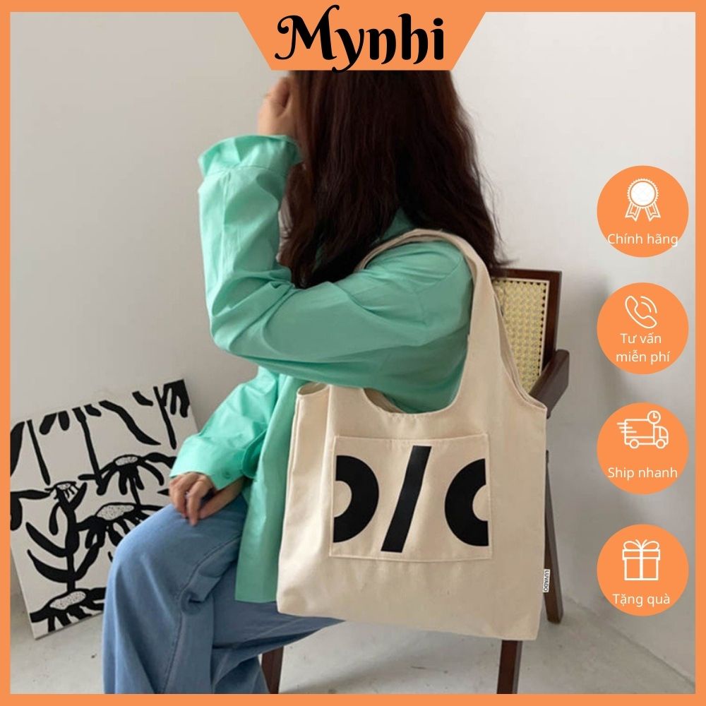 Túi tote, túi vải canvas giá rẻ thời trang đeo vai liền thân có ngăn ngoài in hoạ tiết SMN250