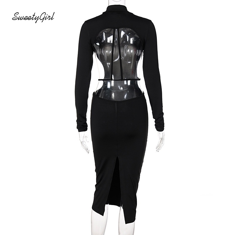 Đầm midi cổ tròn tay dài hở lưng màu trơn thời trang quyến rũ cho nữ