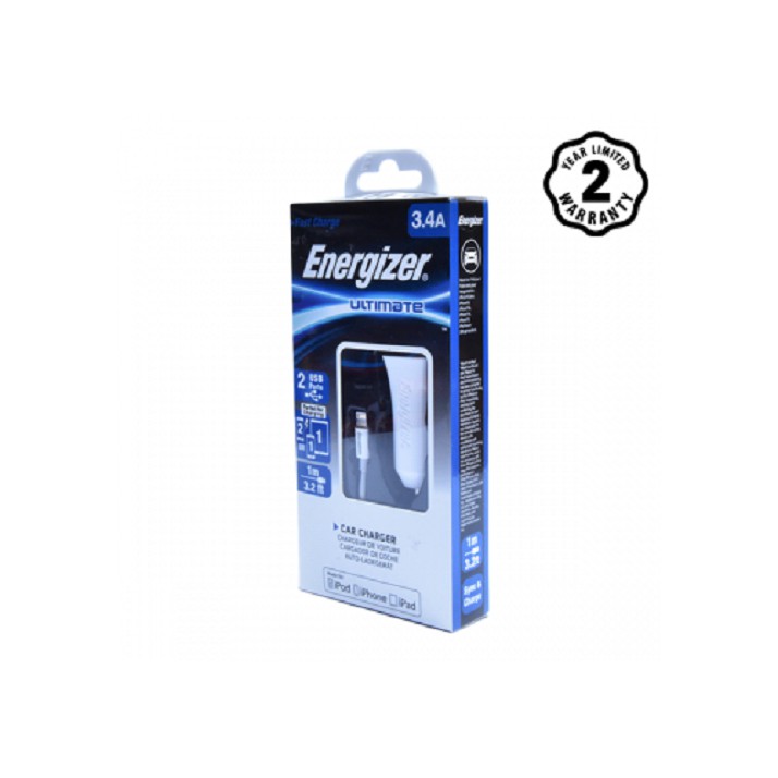 [Mã ELDTRJUL giảm 5% đơn 150K] Sạc Ô tô Energizer UL 3.4A 2 USB + 1 Cáp Lightning - DCA2CULI3