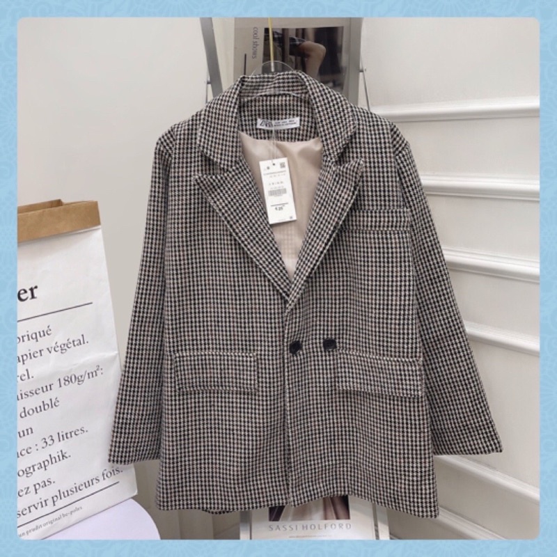 Áo Khoác Blazer Dạ Kẻ Vest Có Lắp Túi 2 lớp