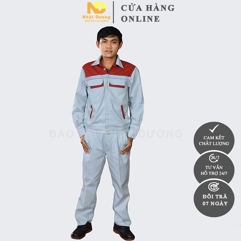 Quần áo bảo hộ lao động kaki màu ghi phối đỏ DN12, Áo bảo hộ có phản quang cho giám sát, công nhân nhà máy