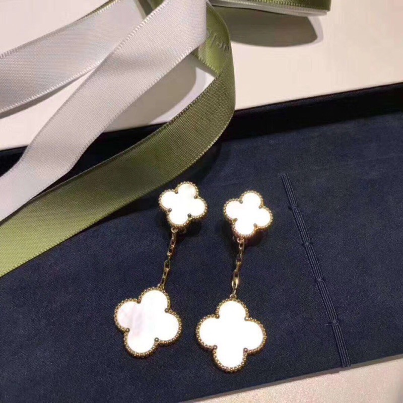 S925 silver gold VCA four leaf clover double flower earring natural white shell