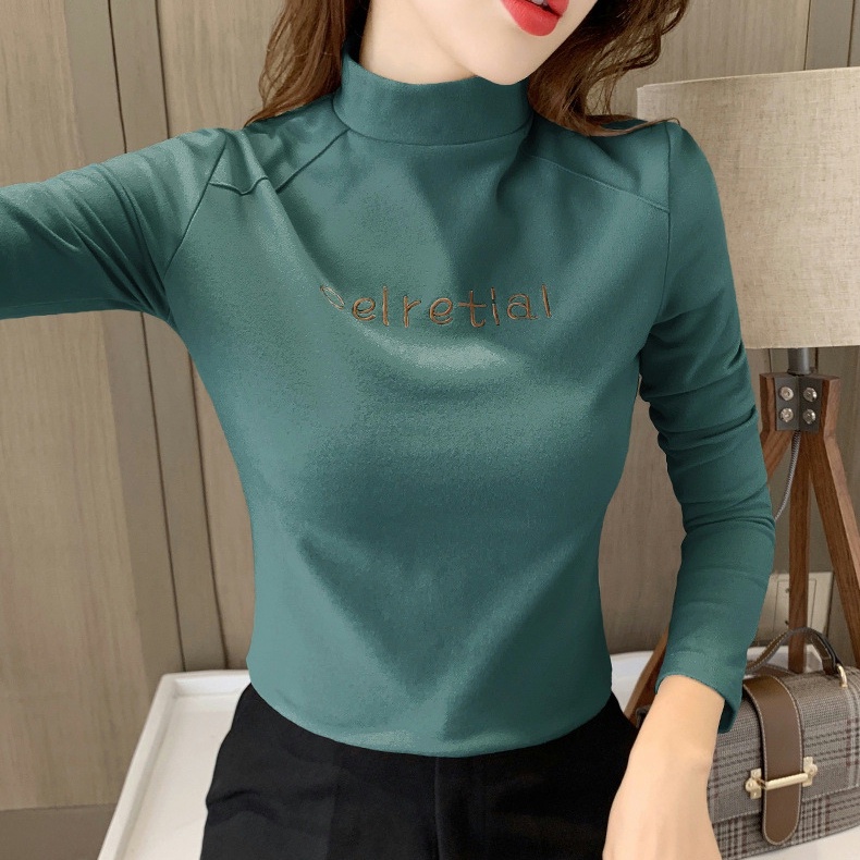 Áo Thun Dài Tay Cổ Cao Lót Lông Cừu Giữ Ấm Thời Trang Thu Đông Cho Nữ