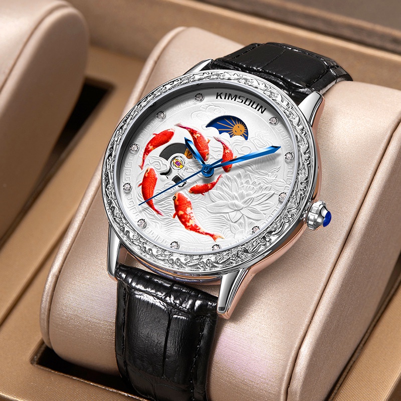 Đồng Hồ Cơ Tự Động Kimsdun 2036 Chống Thấm Nước Họa Tiết Cá Koi 3D Thời Trang Lịch Lãm Cho Nam