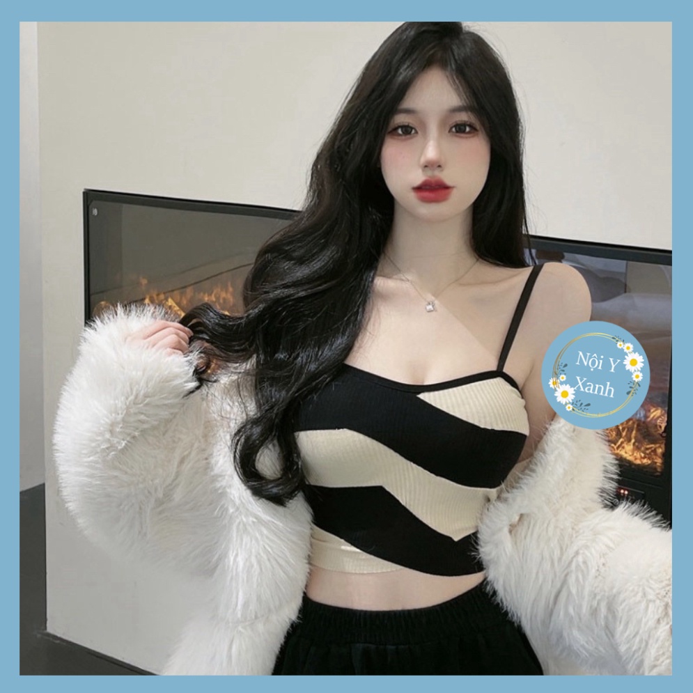 Áo Bra Nữ 2 Dây Mảnh Kẻ Sọc Dáng Lửng Có Đệm Ngực Trend Mới 1887 Nội Y Xanh chất thoáng mát cao cấp