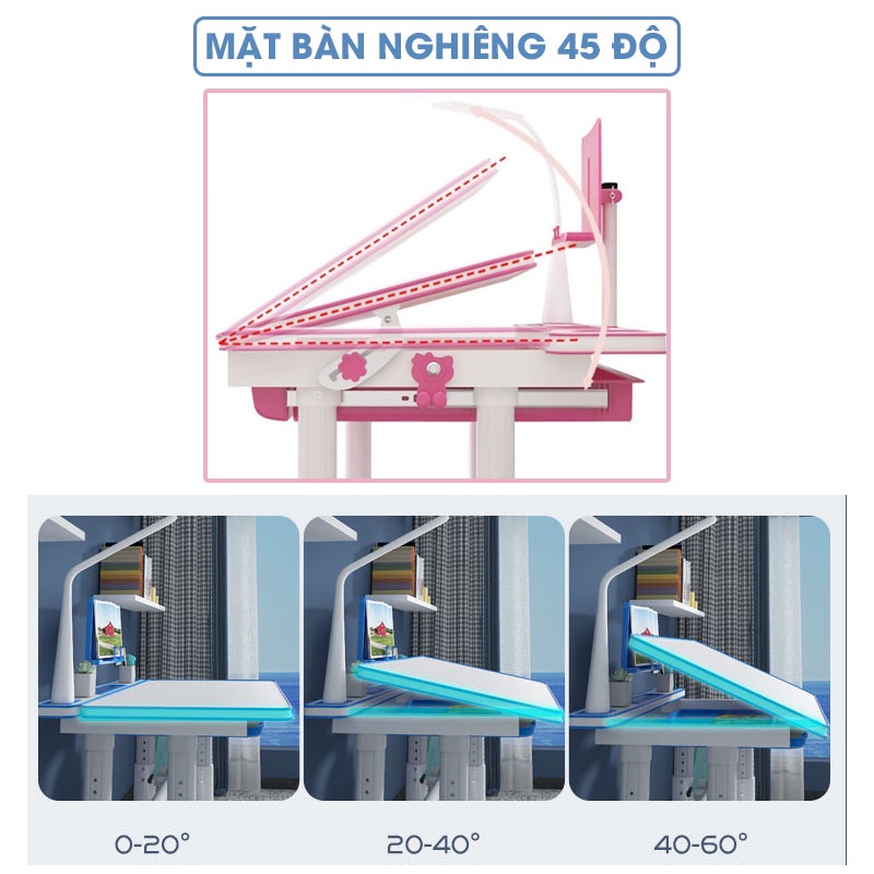 Bộ bàn ghế cho bé tiểu học chống gù chống cận có giá đỡ sách, bàn học thông minh cho học sinh kích thước 70cm x 45cm