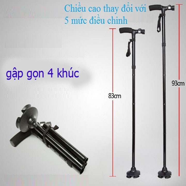 [FREESHIP] Gậy chống trượt gấp lại với 3 dẫn có đèn pin cho người già.